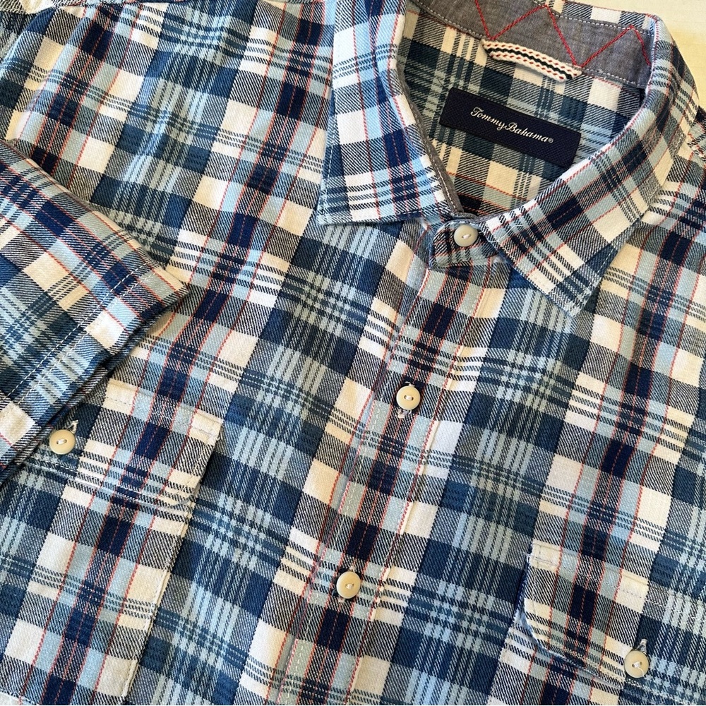 Tommy Bahama Plaid 100% Cotton Button‎ Up Shirt Men's XXL Navy White Pockets